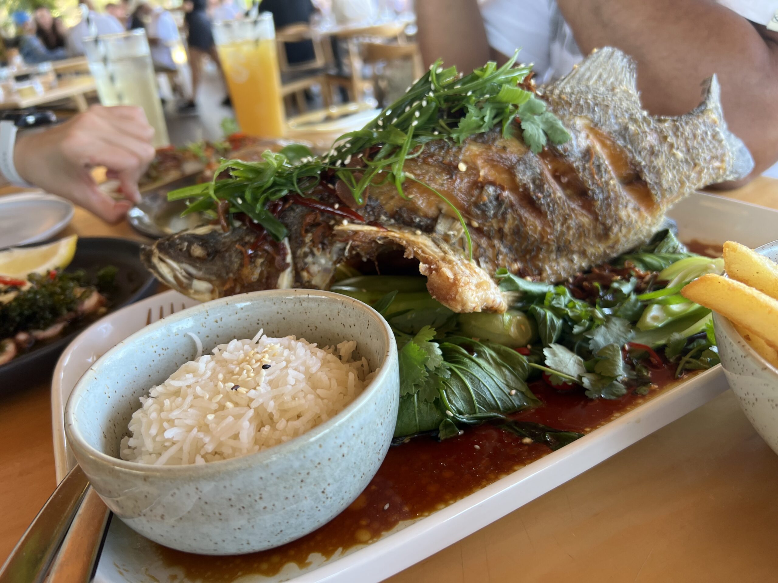 Baby Barramundi (wholefried baby barramundi, sauteed greens, steamed rice, ginger and soy dressing) @ The BOX on the Water (Ettalong Beach)