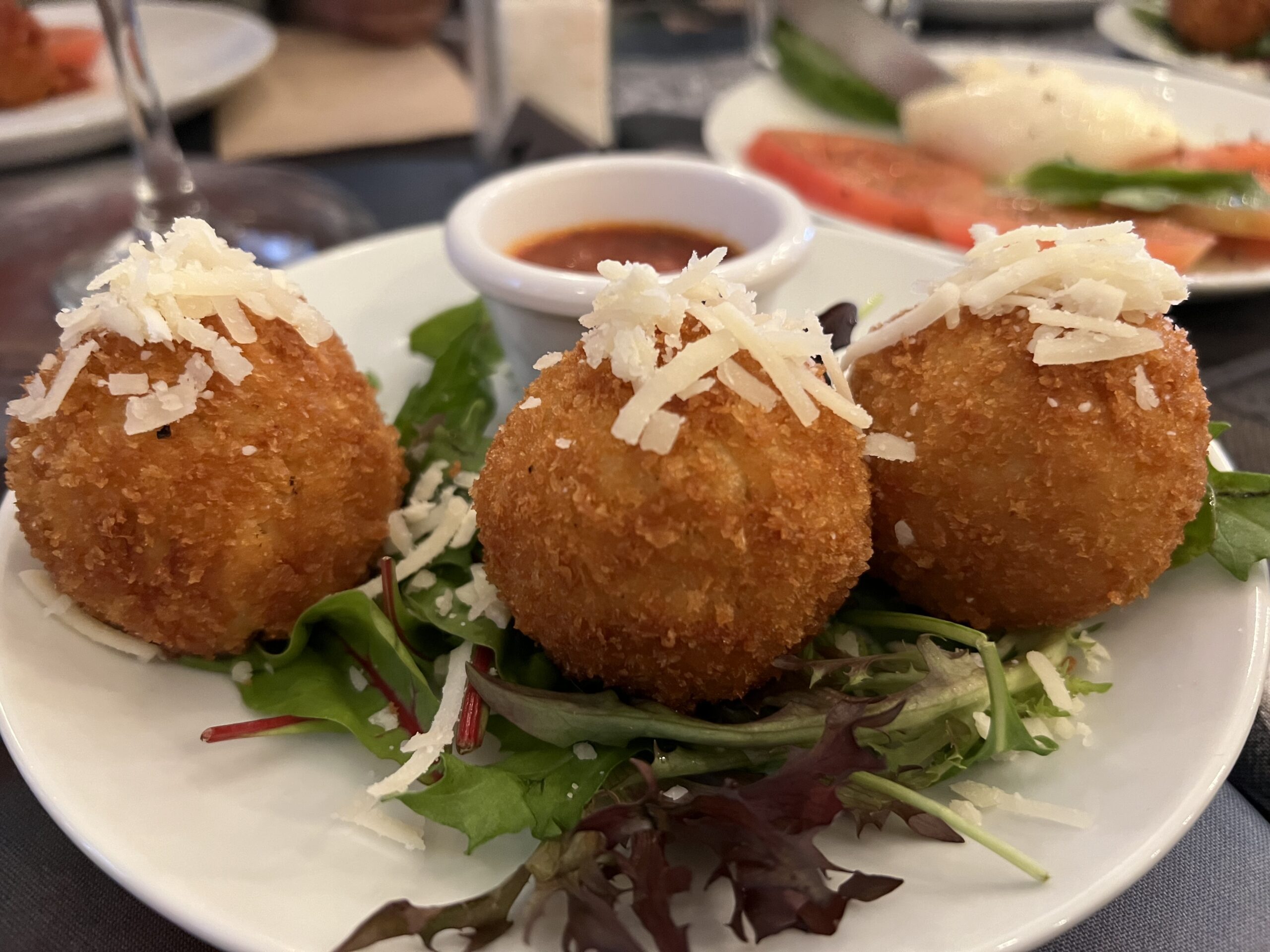 Pastacini del Toscano Carne @ Il Toscano (Gosford). 3 deep fried pasta balls filled with rose sauce, pork mince and scamorza, served with pecorino sauce. Pastacini del Toscano Carne @ Il Toscano (Gosford). 3 deep fried pasta balls filled with rose sauce, pork mince and scamorza, served with pecorino sauce.
