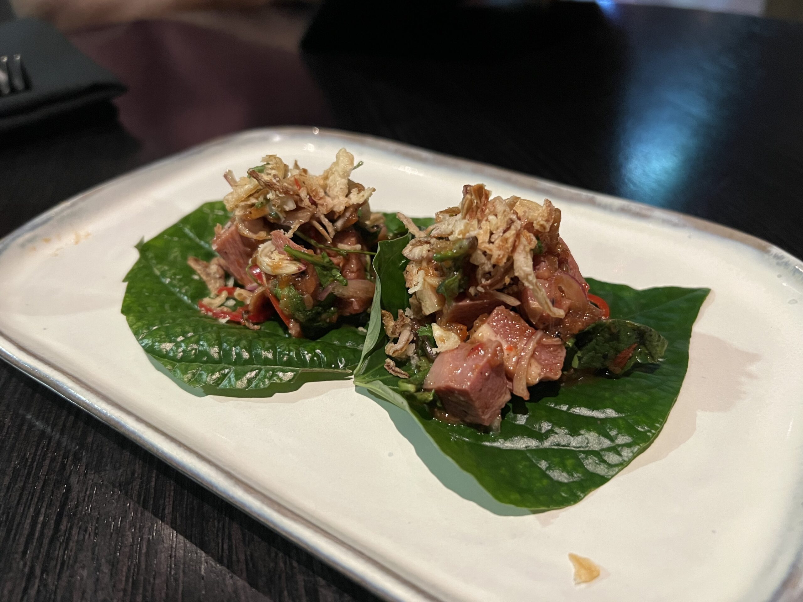 Smoked duck betel leaf with jeaw, lemongrass, mint and coriander @ Salted Egg (Melbourne)